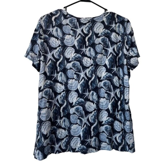 Chico's Size 2 Blue Cotton Modal Tee Shirt Seashell Nautical Beach Travel Modern - Picture 2 of 8